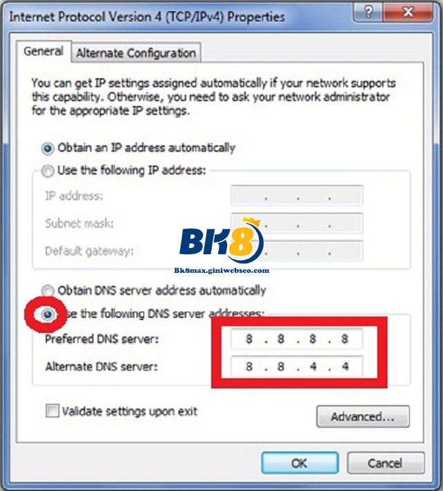 Đổi địa chỉ DNS trên PC khi link vào BK8 bị chặn | BK8